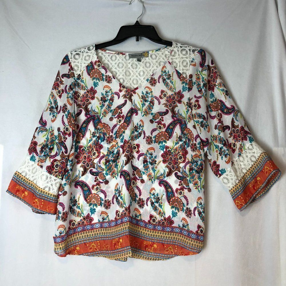 ANTHROPOLOGIE FIGUEROA & FLOWER BOHO WHITE PINK FLORAL PEASANT BLOUSE size M. LT